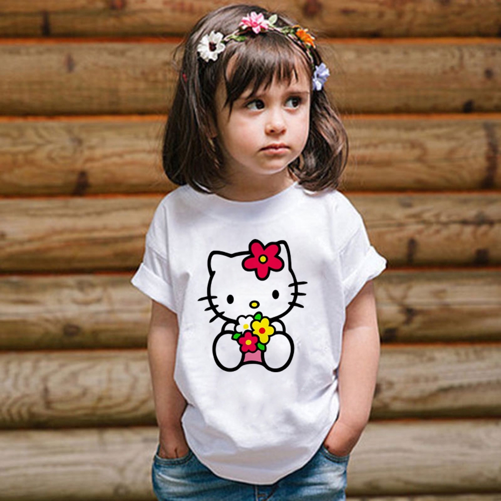 Áo Thun Tay Ngắn Cổ Tròn In Hình Mèo Hello Kitty Và Hoa Dễ Thương Thời Trang Mùa Hè Cho Bé Gái