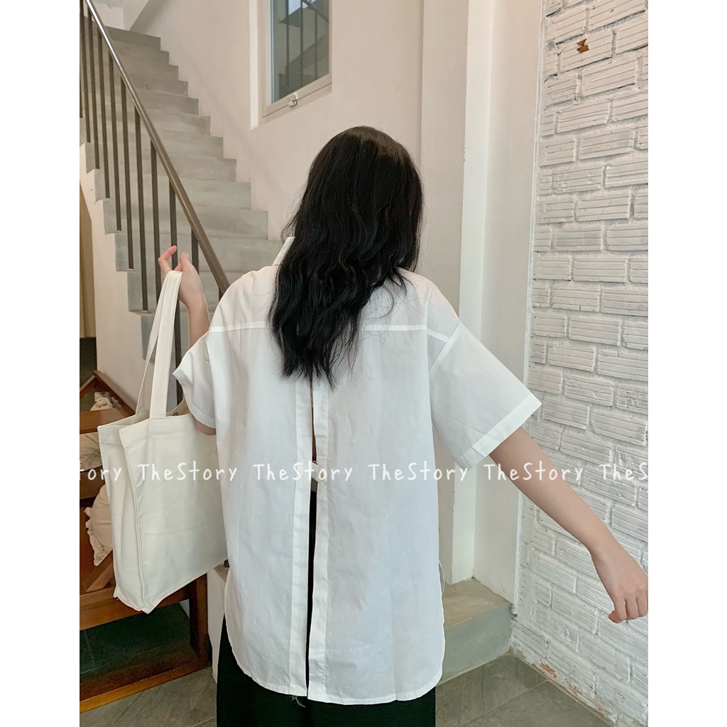 Áo sơ mi nữ tay ngắn oversize, sau lưng gài nút  A2152