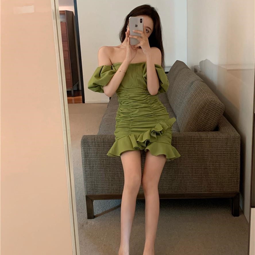 Đầm Mini Trễ Vai Tay Phồng Thời Trang Mùa Hè Quyến Rũ Cho Nữ