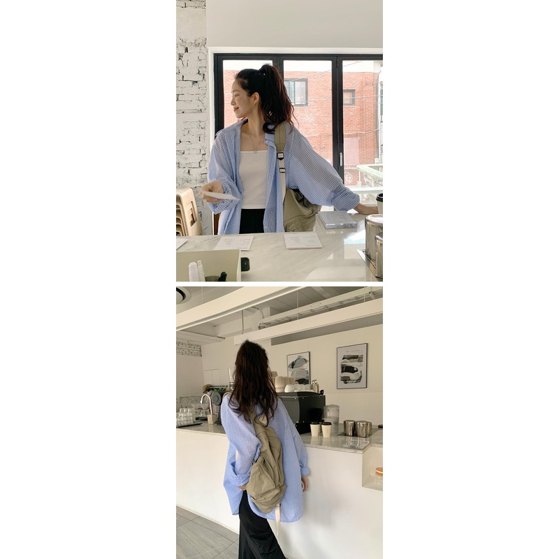 Áo Sơ Mi Tay Dài Dáng Rộng Họa Tiết Kẻ Sọc Màu Xanh Dương Thời Trang Mùa Hè Mới