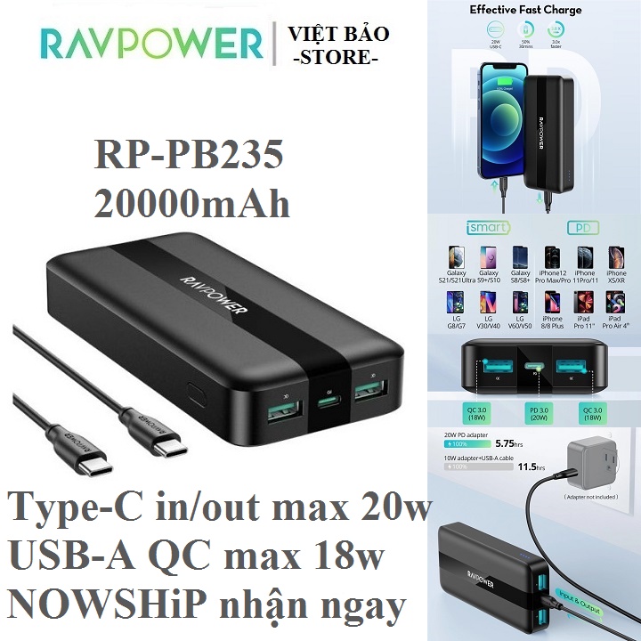 Pin Sạc Dự Phòng 20000mAh RAVPower RP-PB235, Type-C PD 3.0 20W, 2 Cổng USB QC 3.0