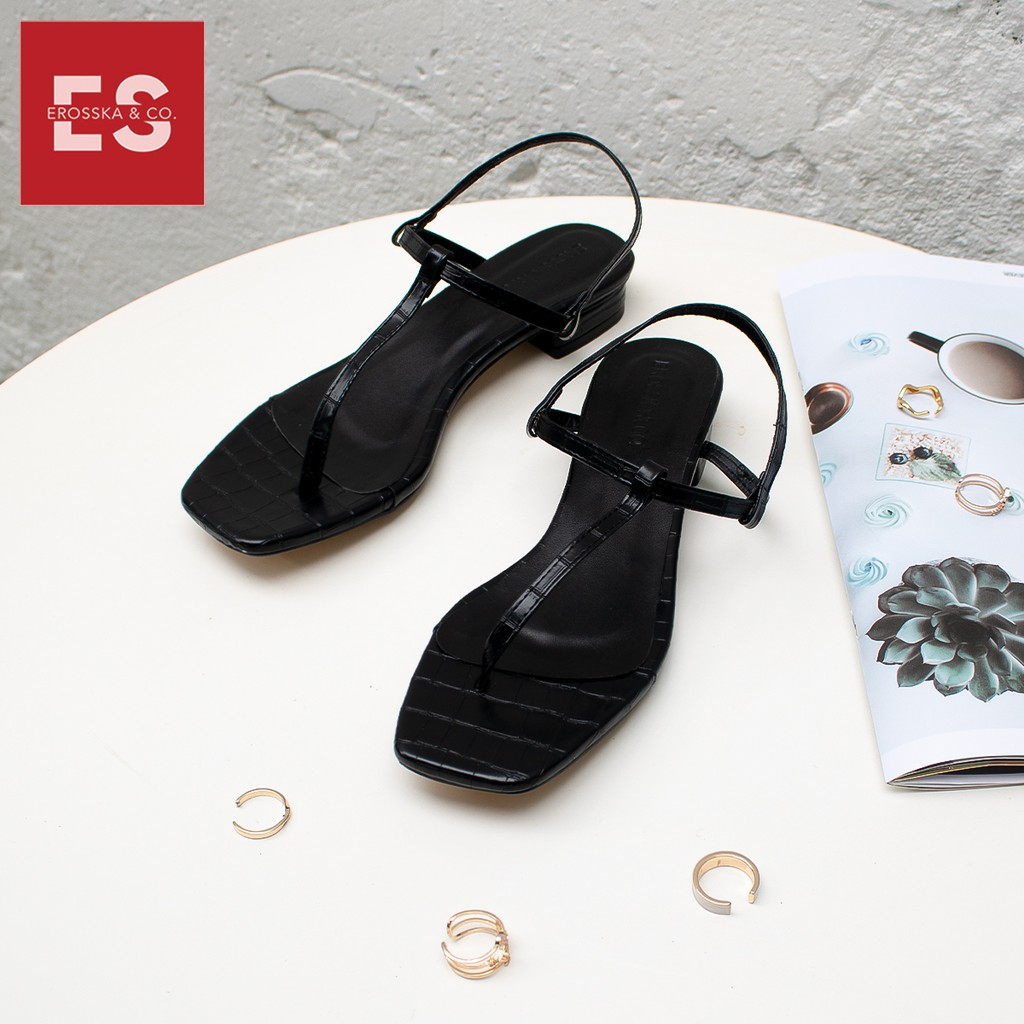 Giày sandal cao gót Erosska mũi vuông phối dây quai mảnh cao 1cm màu nâu - EB029