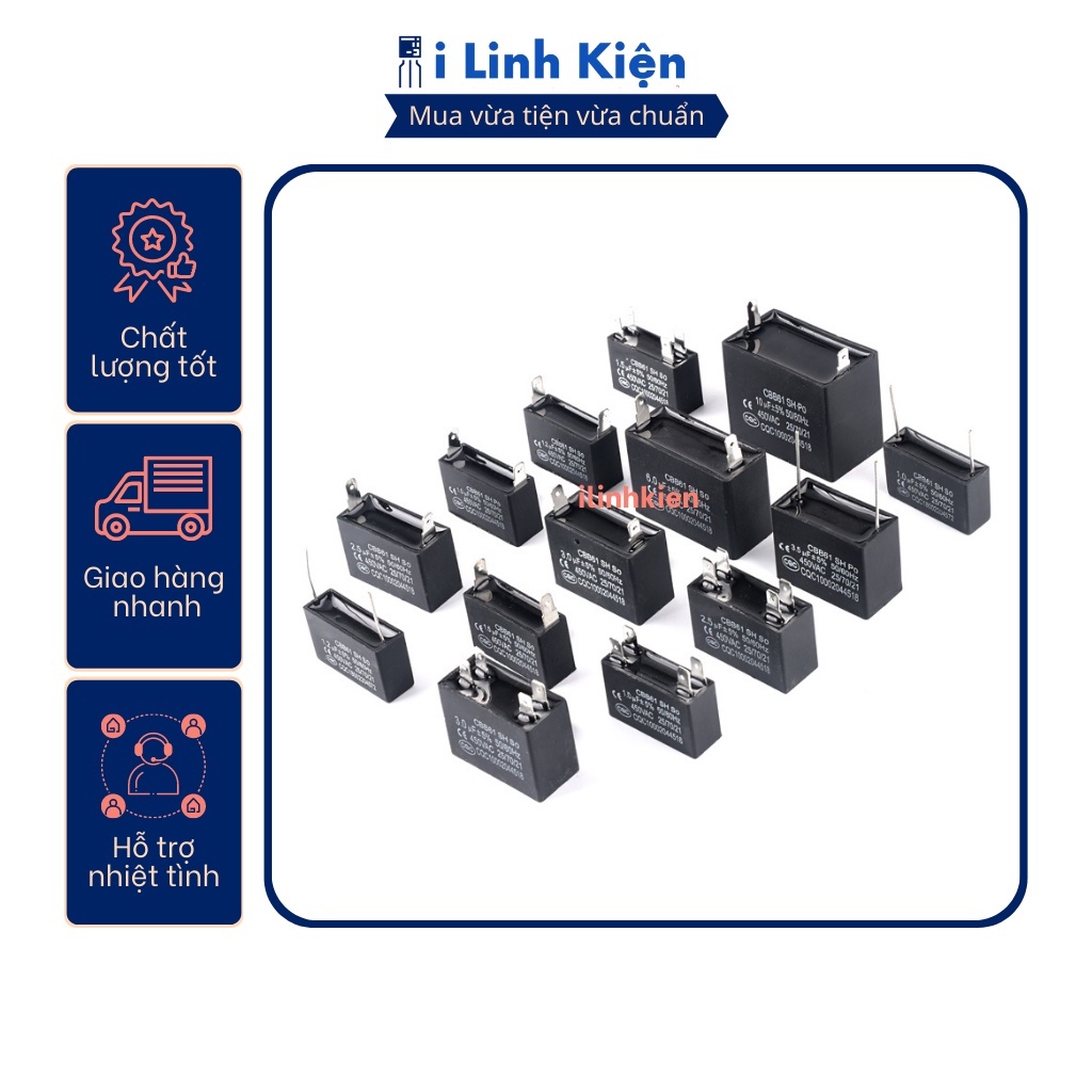 Tụ quạt 1uF 1.2uF 1.5uF 2uF 2.5uF 3uF 5uF 450VAC CBB61 chân cắm jack