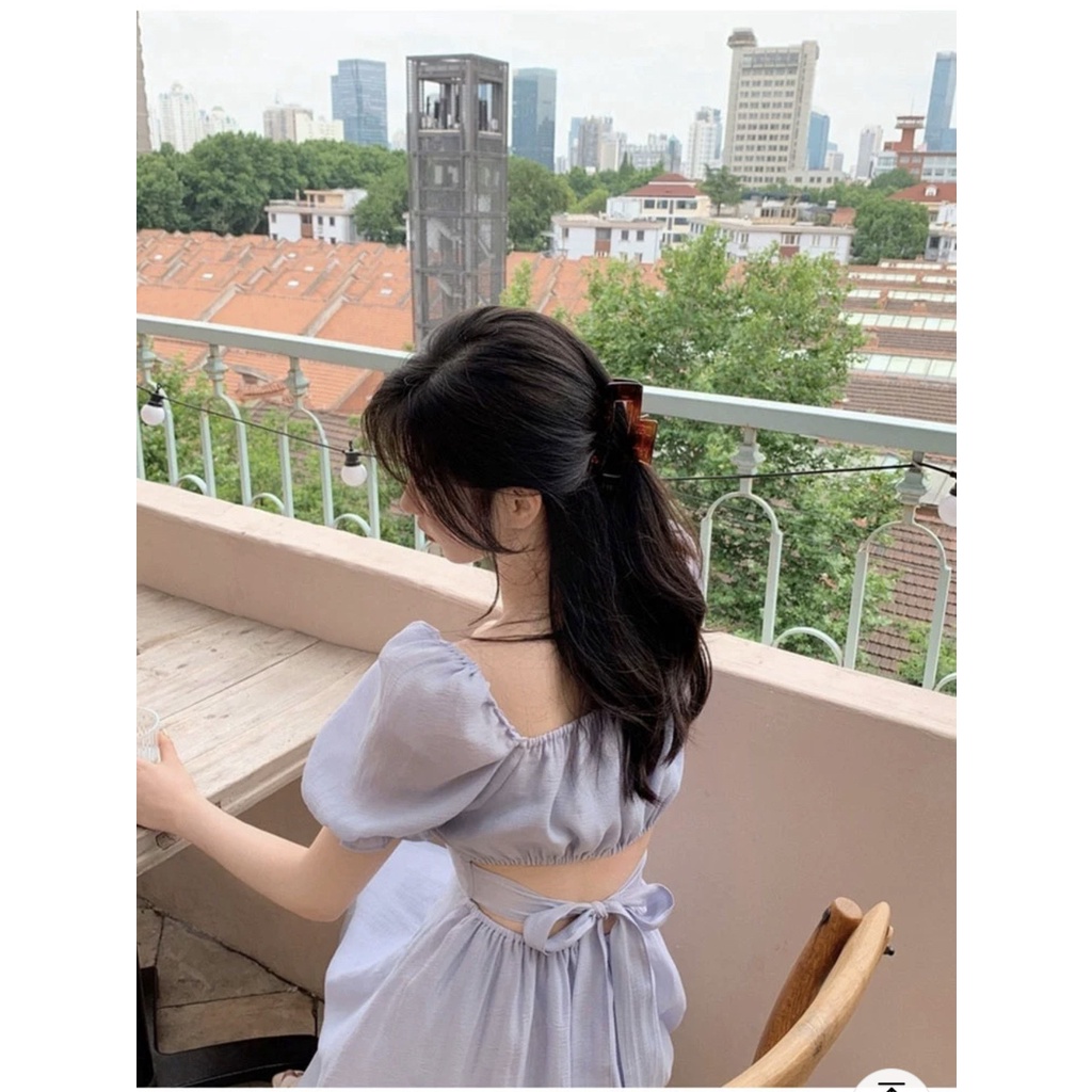 ĐẦM MIDI NHÚN NGỰC TAY BO KEM - XANH