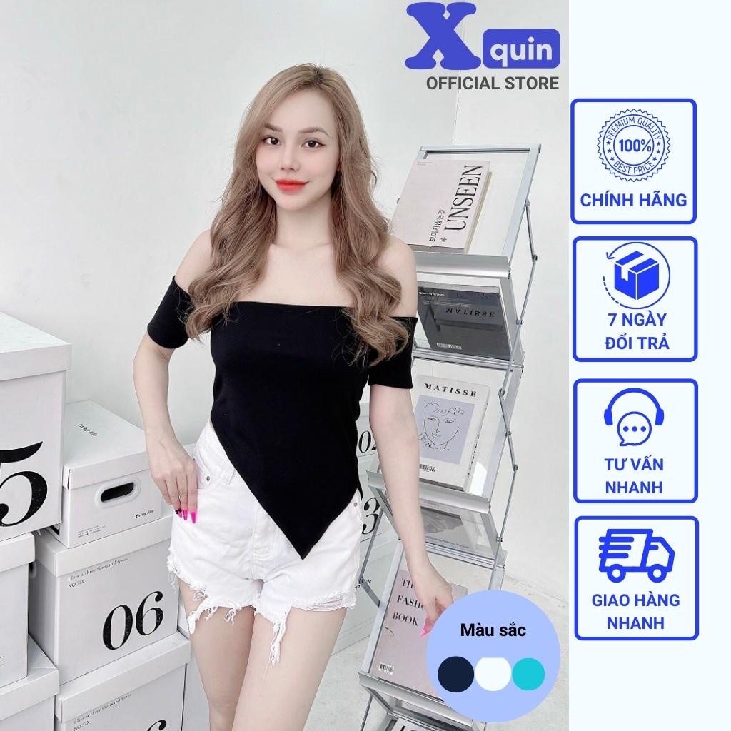 Áo croptop ôm trễ vai tay ngắn Xquin Áo kiểu nữ hở vai chéo tà chất thun gân mềm mịn