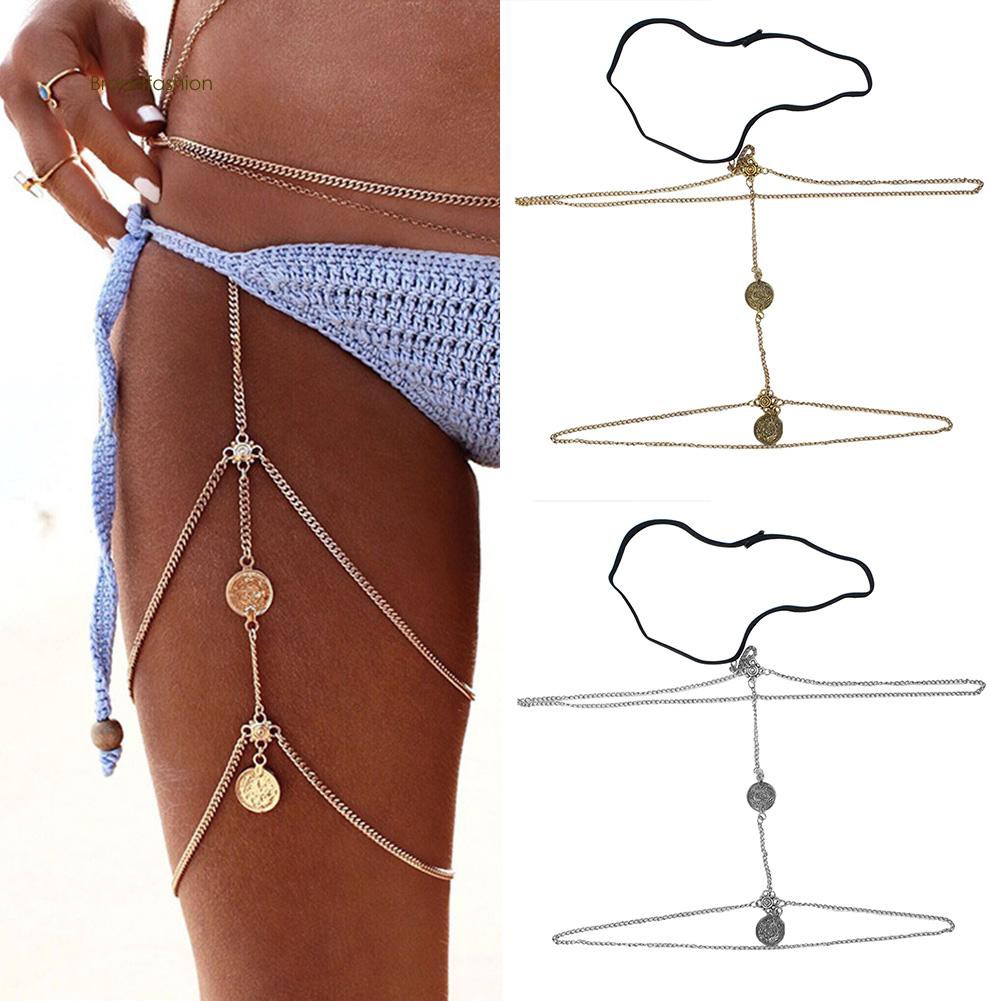 Chuỗi dây đeo chân hình đồng xu nhiều tầng phong cách cổ điển để mặc bikini