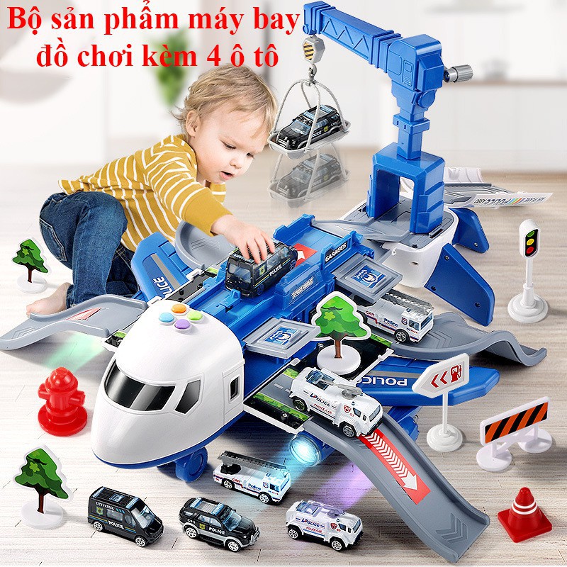 Bộ Đồ Chơi Máy Bay Biến Hình Kèm ô tô Kim Loại, Giàn Cẩu, Thang Trượt, Biển Báo Giao Thông Đa Năng