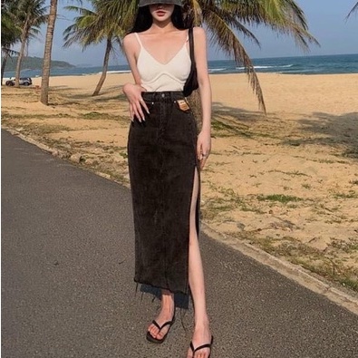 Chân váy jeans form dài phối xẻ tà cao cấp có 2 Size S M L | BigBuy360 - bigbuy360.vn