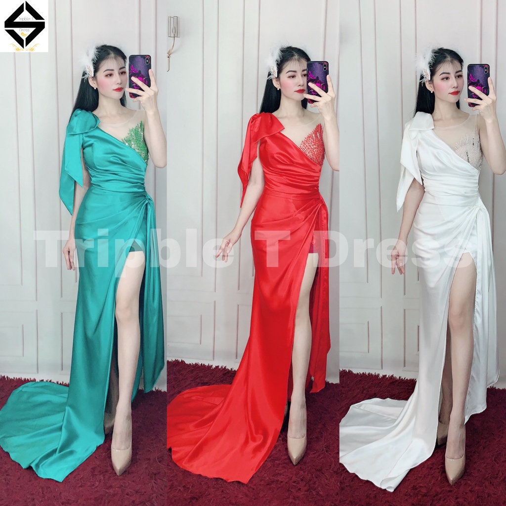 Đầm maxi body dạ hội TRIPBLE T DRESS 1 vai nơ kết cườm ngực - size S/M/L - MS236Y