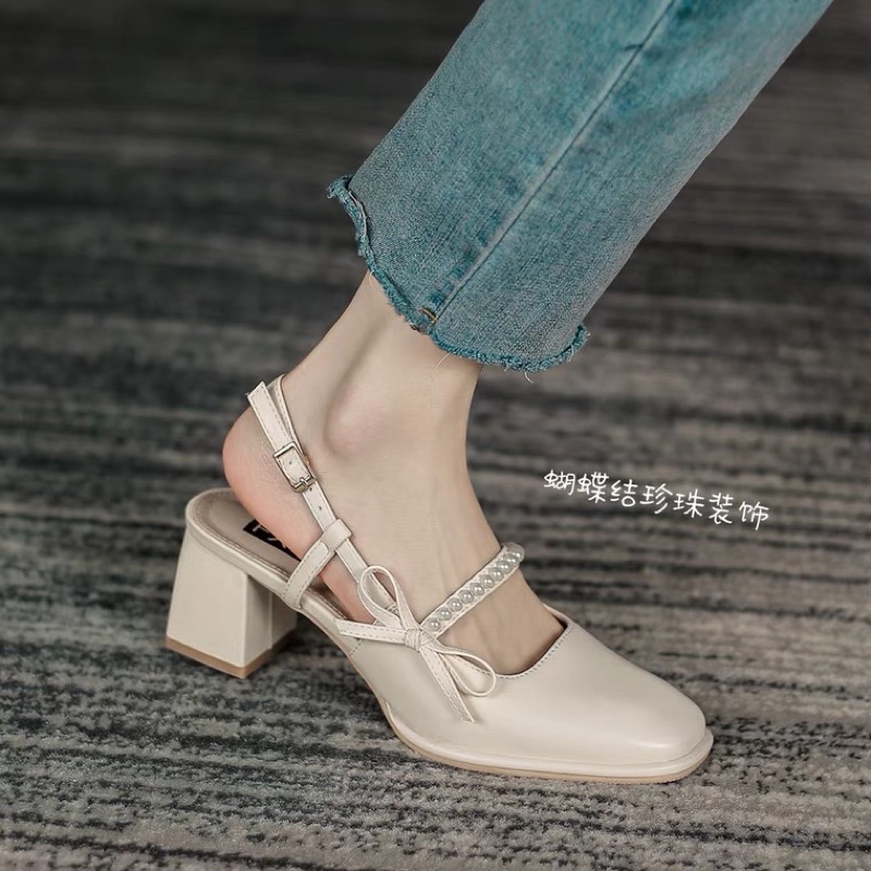 Giày cao gót mũi vuông mũi vuông đính nơ ngọc trai nhân tạo Mary Jane Hàn Quốc 2021 -6235