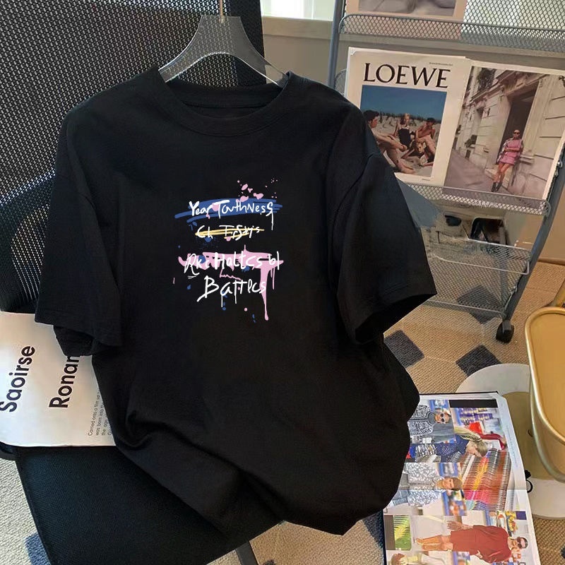 Áo Thun Nữ Ngắn Tay Cổ Tròn In Chữ Phong Cách Hàn Quốc Mới