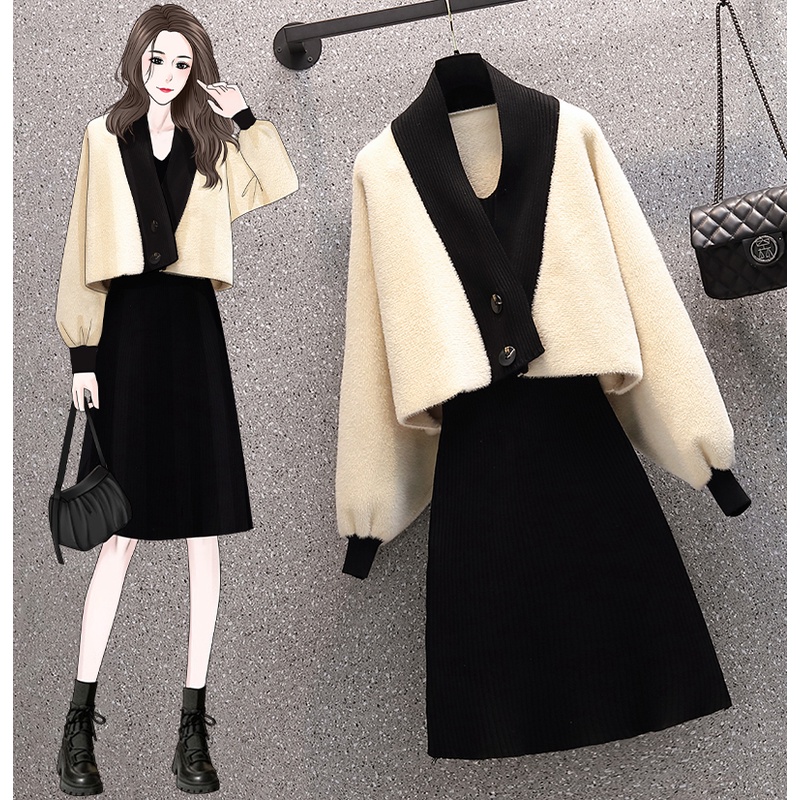 🌸Hàng Order(Sẵn 4XL)🌸Váy Đầm Bigsize Áo Khoác Lông Cánh Rơi Kết Hợp Váy Len Body Sang Chảnh Nữ Tính🌸Hàng Quảng Châu