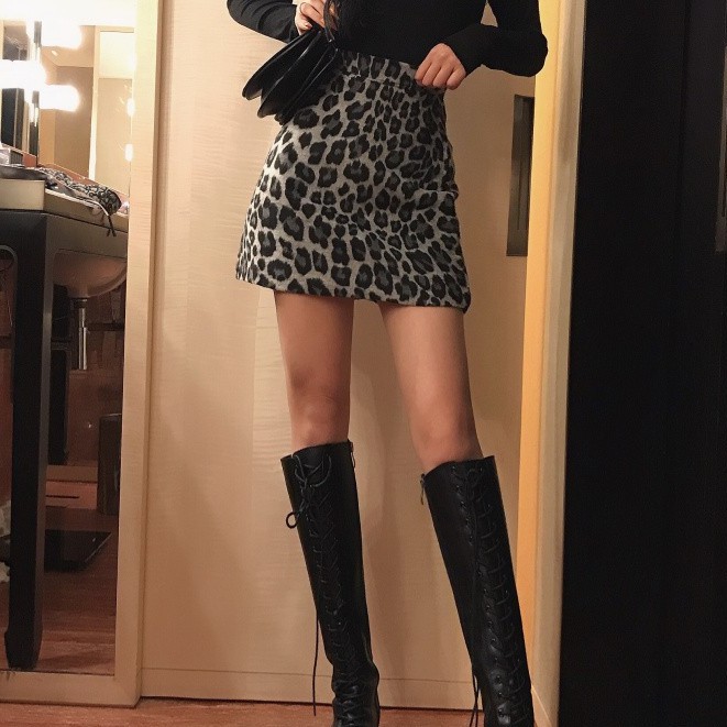 QADCOL Chân Váy Len Họa Tiết Da Báo Quyến Rũ Cho Nữ