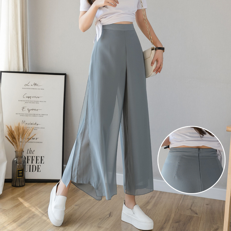 Quần dài chín tấc ống rộng vải voan thời trang mùa hè hàng mới dành cho bạn nữ Thắt lưng căng