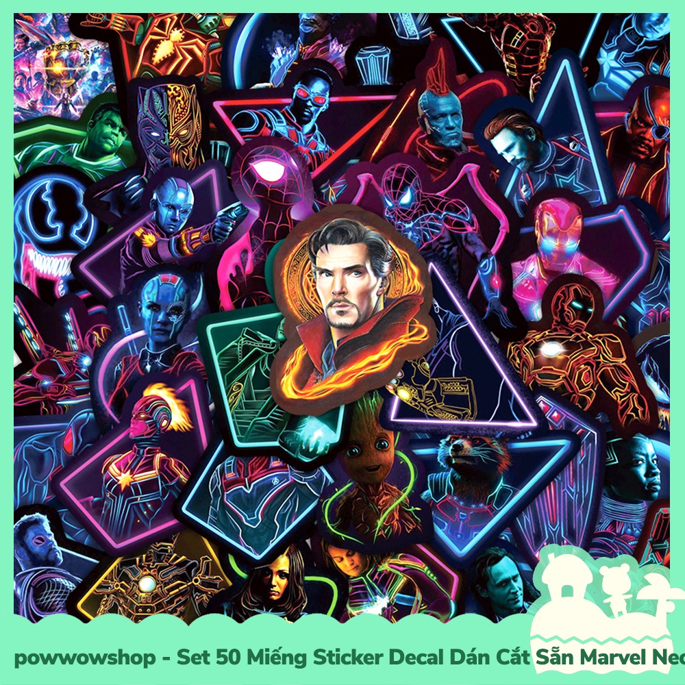 [Sẵn VN - Hỏa Tốc] Set 50 Miếng Sticker Decal Cắt Sẵn DIY Dán Trang Trí Vật Dụng Mẫu Marvel Superheroes Neon Style Stage