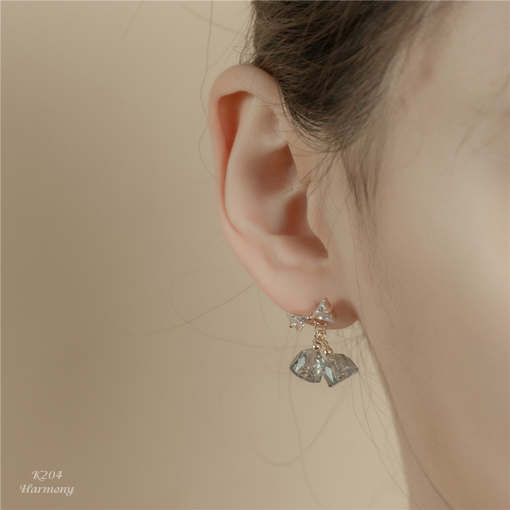 Bông tai, Khuyên tai nữ bạc mạ vàng Diamond Bell dáng dài đính nơ đá sang chảnh, nữ tính K204 | TRANG SỨC BẠC HARMONY
