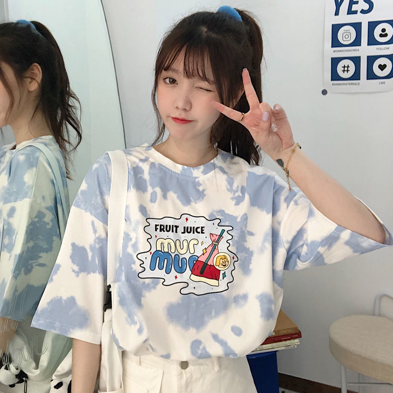 Áo thun nữ BH tay ngắn dáng rộng họa tiết nhuộm màu loang thời trang phong cách Hàn Quốc
