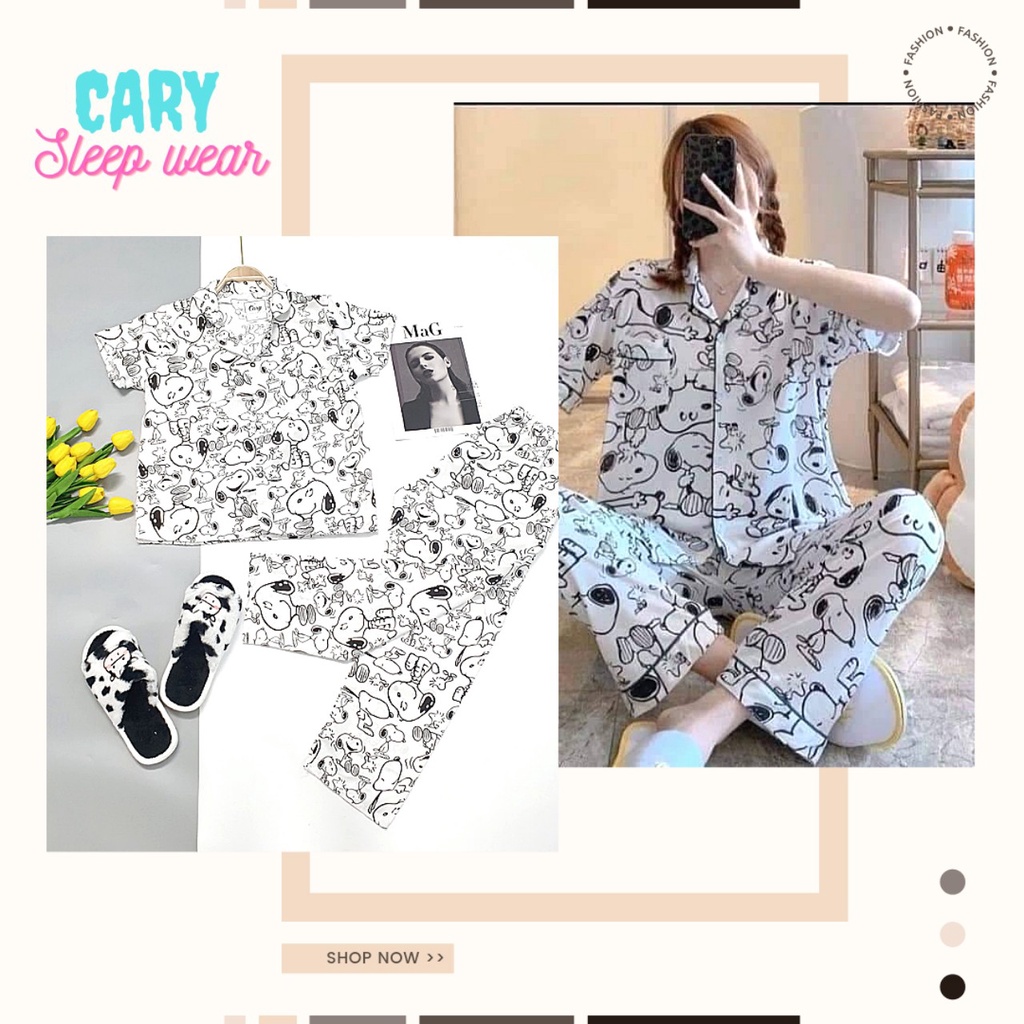 Đồ bộ nữ ngủ pijama mặc nhà CARY, bộ ngủ dễ thương cộc tay quần dài chất vải thô hàn mềm cho mùa hè