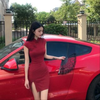 [Sẵn ] Ảnh thật phía sau Sườn xám xe basic tay con đỏ size SML