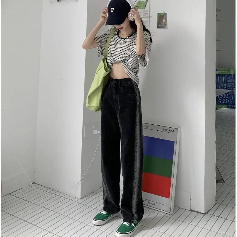 Quần Jean Ống Rộng Màu Đen Lưng Cao Họa Tiết Kẻ Sọc Phong Cách Hàn Quốc Thời Trang Cho Nữ
