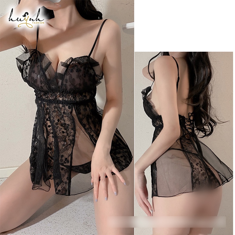 Váy Ngủ Ren Thêu Hoa Dây Đan Lưng Xuyên Thấu Quyến Rũ Chụp Ảnh Studio - N75