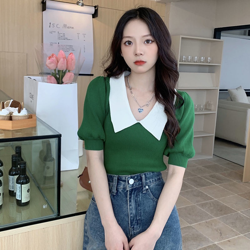 Áo len tay ngắn dệt kim cổ búp bê nữ màu xanh lá cây phong cách Hàn Quốc