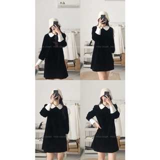  Đầm nhung đen cổ sen tay trắng nữ