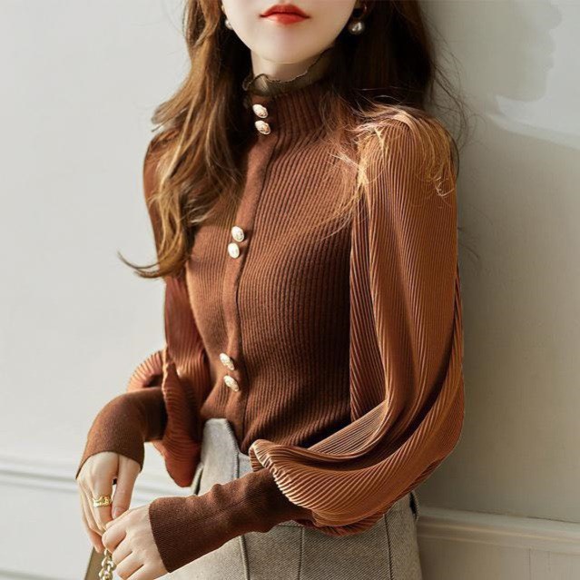 Áo Len Tăm Nâu Cam Cổ 3P Bồng Vai Tay Bo Cúc Mạ Cách Điệu