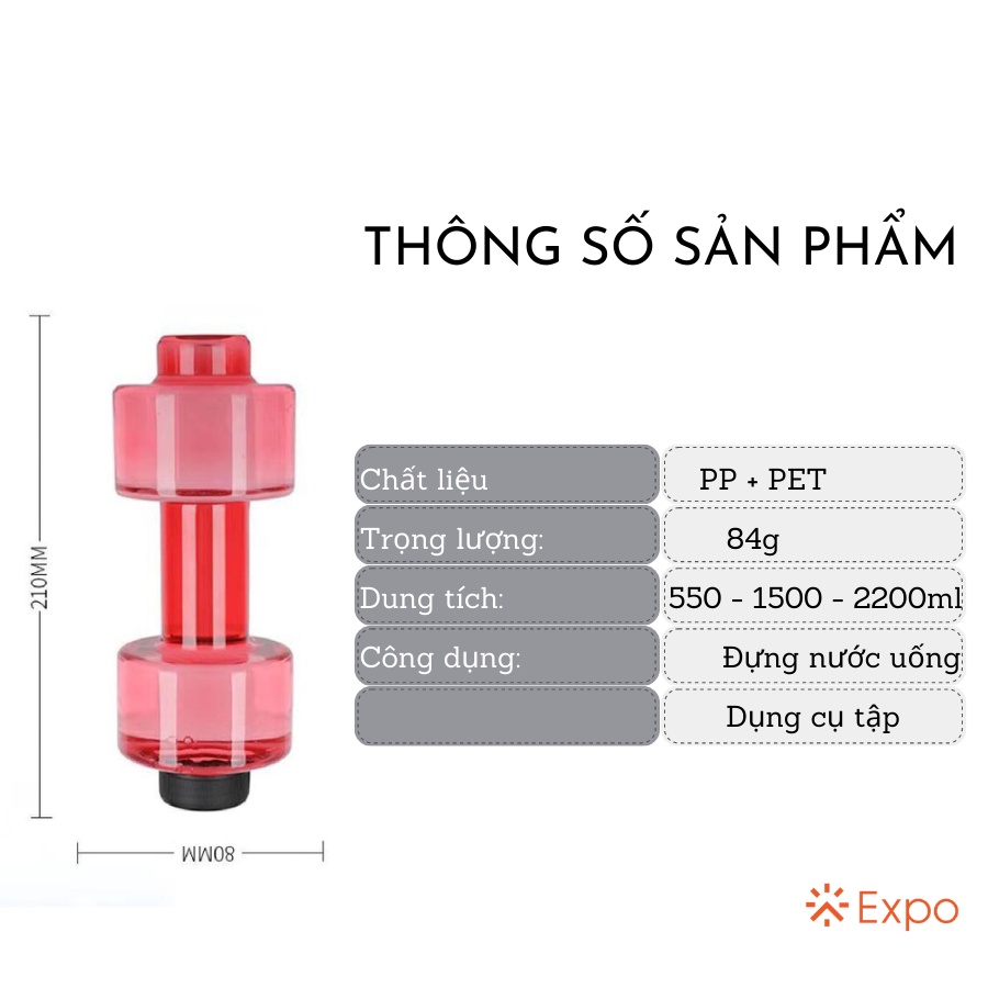 Bình nước thể thao hình tạ, tạ tay đựng nước tiện dụng cho tập gym và các hoạt động ngoài trời