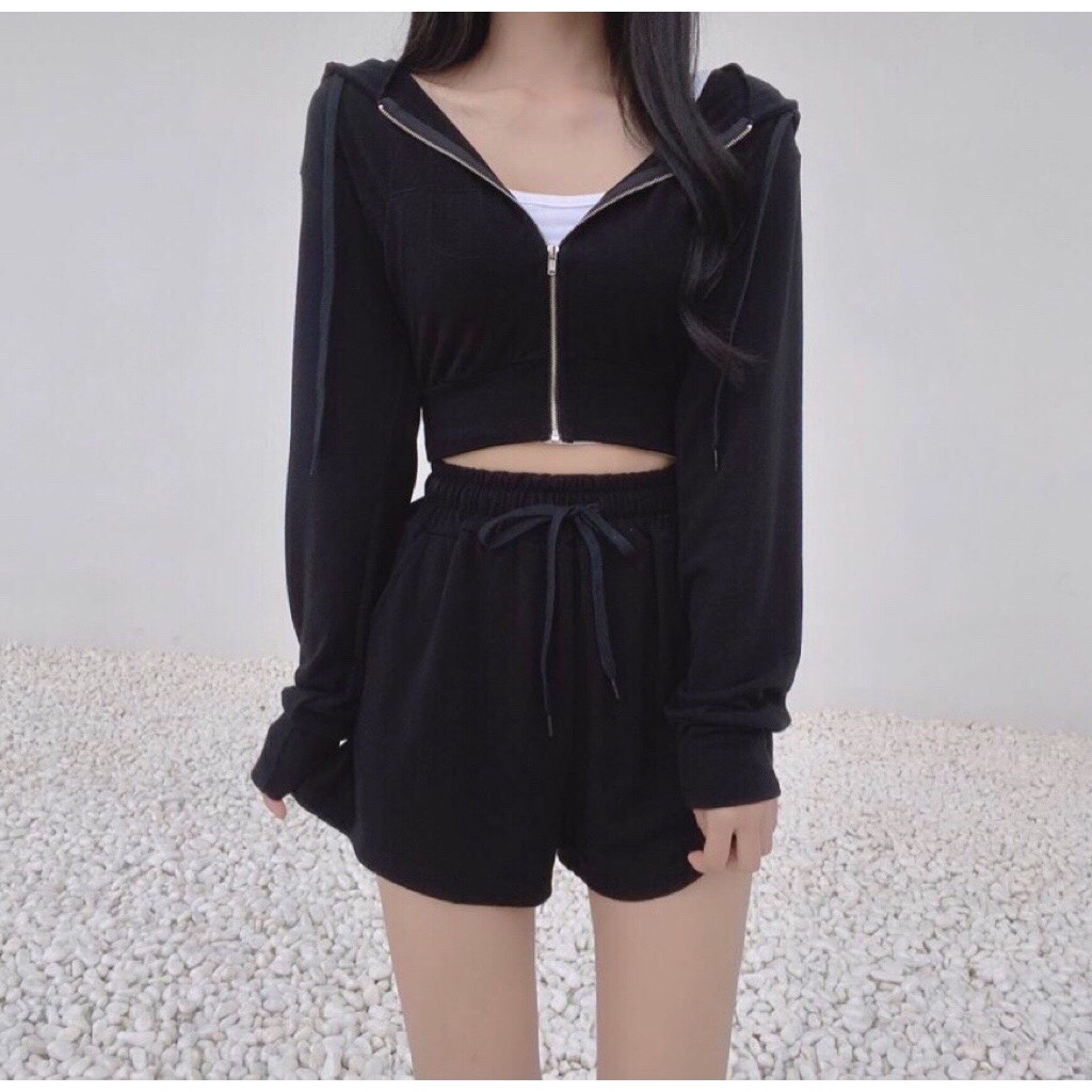 Set Áo Khoác Hoodie Dài Tay Croptop Mix Quần Short 4 Màu Đen Trắng Xanh Hồng - Set Đồ Bộ Ulzzang