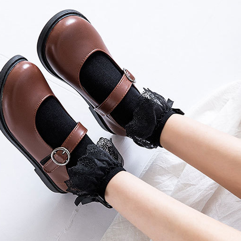 Vớ cổ ngắn bằng cotton phối ren nhún bèo thoáng mát dành cho nữ/ bé gái