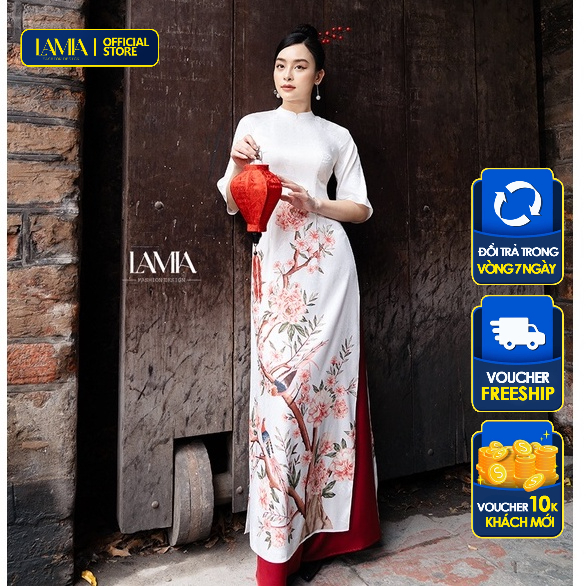 Áo dài truyền thống Lamia Design AD076 màu trắng họa tiết hoa đào Tết