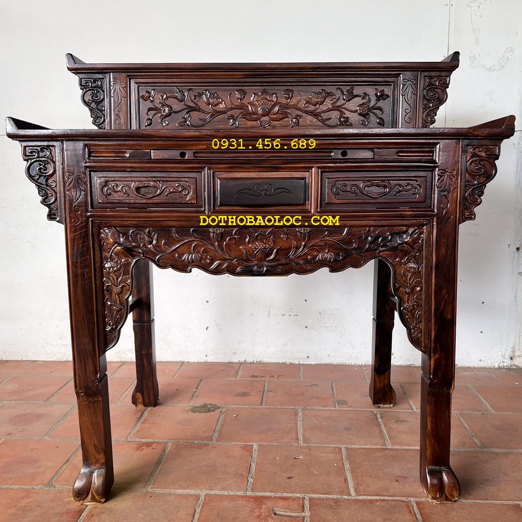 Bàn thờ gia tiên gỗ muồng 2 tầng ngang 1m34