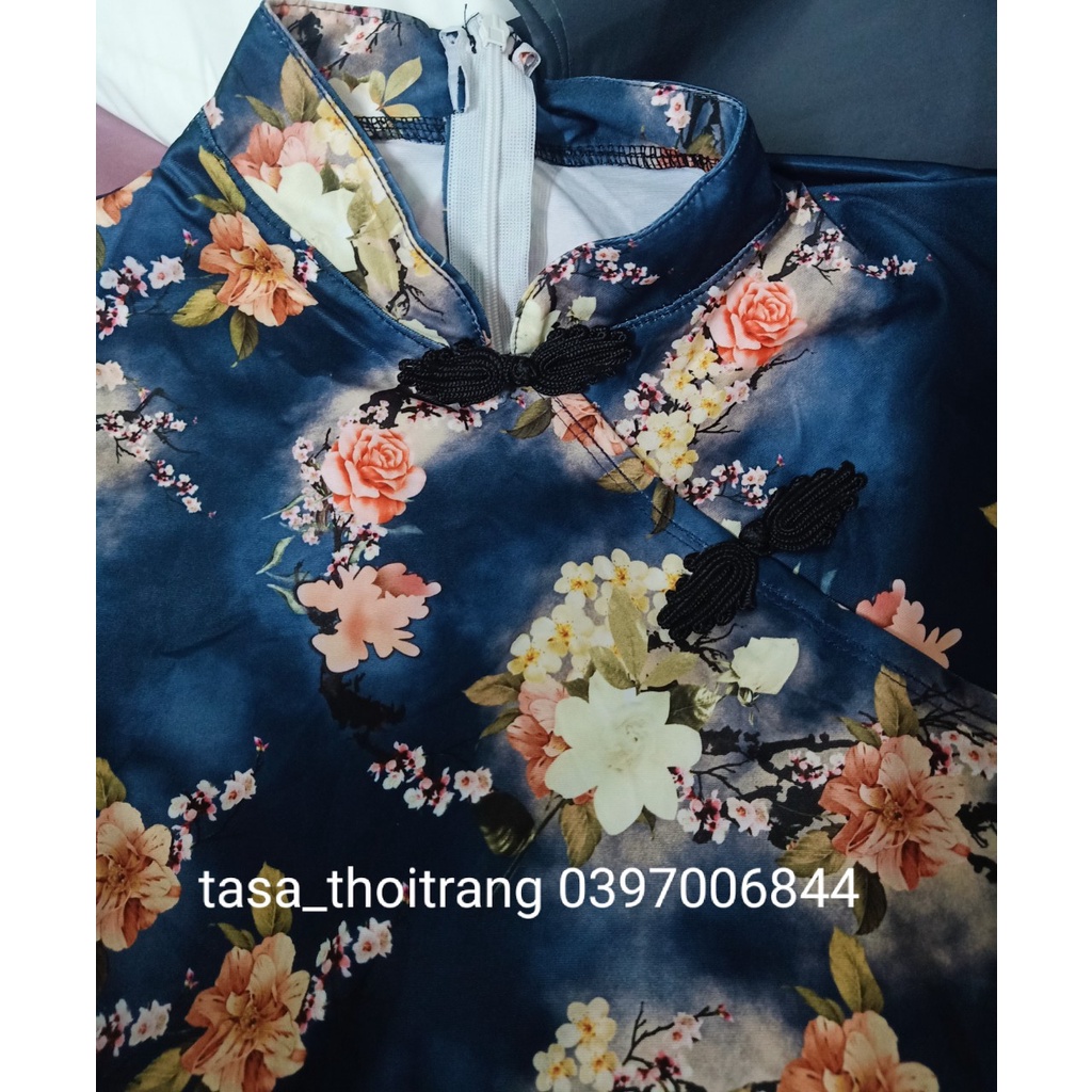 TB8 Váy đầm nữ body sườn xám cổ tàu trung hoa áo dài cách tân xẻ tà phối ren