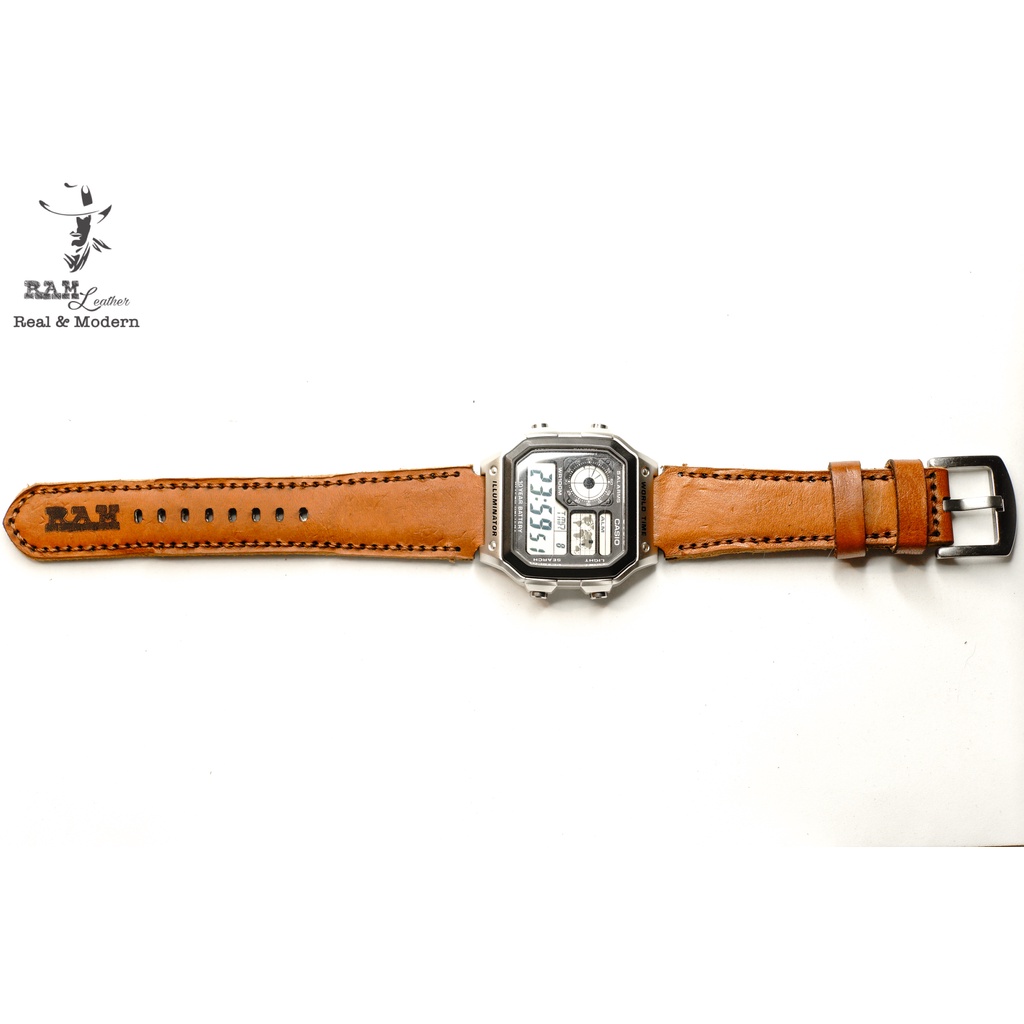 Dây Casio AE 1200 da bò nâu sáng RAM Leather 1980 - tặng khóa chốt và cây thay dây