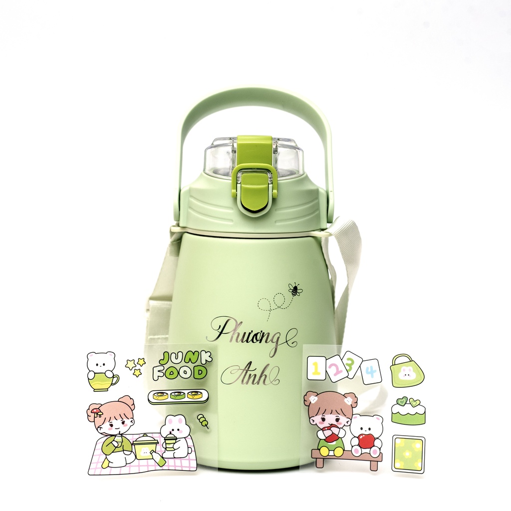 Bình giữ nhiệt Inox304 1000ml KHẮC TÊN bình nước 4 màu có ống hút giữ nhiệt 12h tặng Sticker trang trí-B115