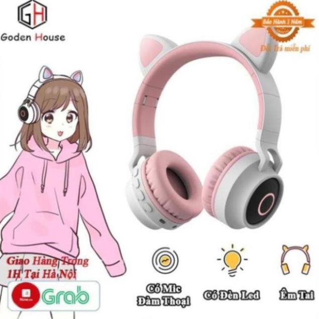 Tai nghe bluetooth tai mèo Goden House cao cấp, headphone tai mèo đáng yêu chống ồn âm thanh trầm ấm
