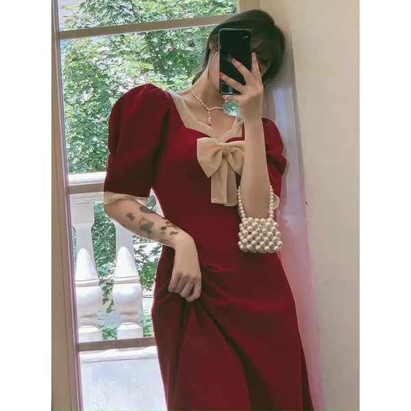 Đầm maxi đỏ phối nơ nhấn tay phồng lên dáng bao chuẩn xinh