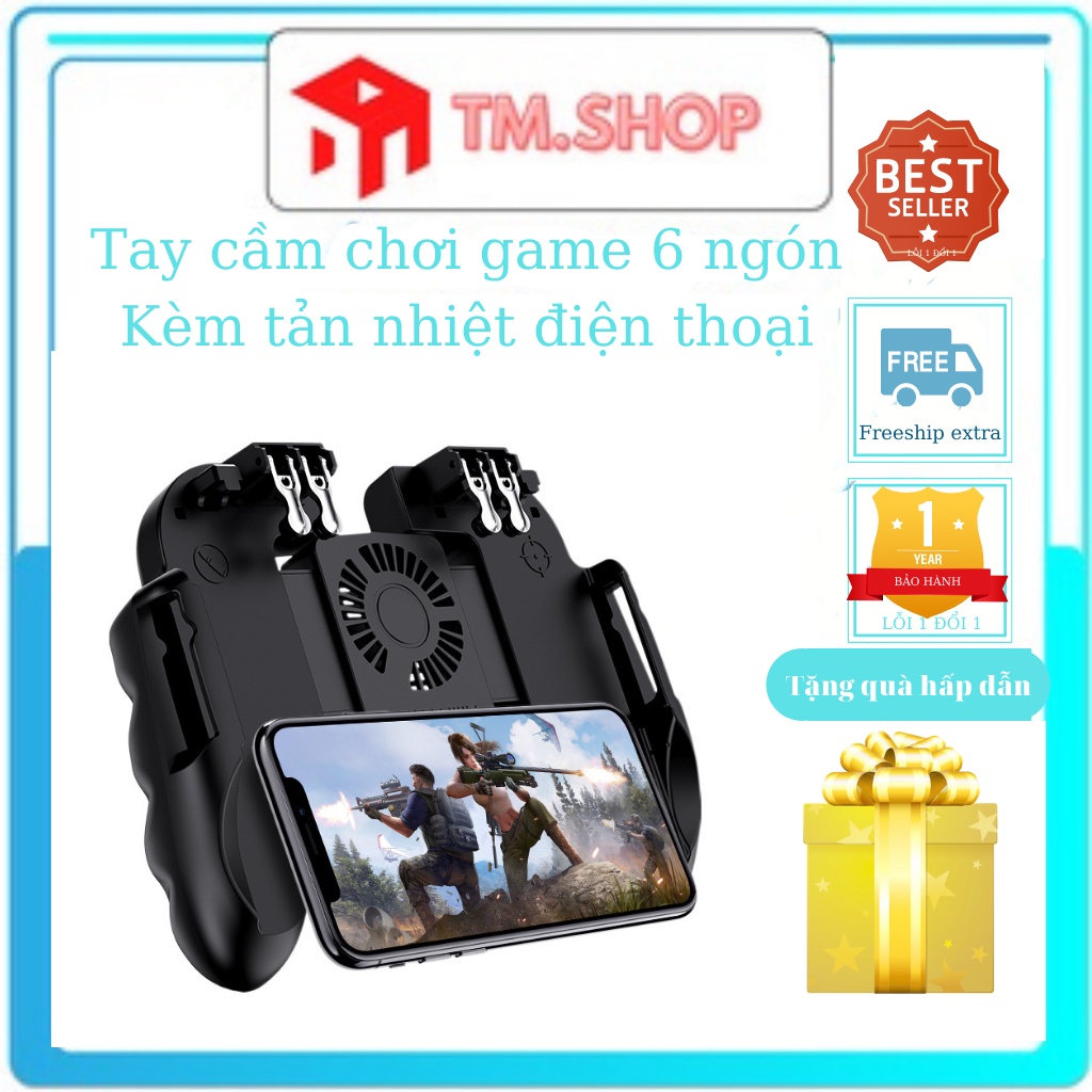 Tay cầm chơi game có nút bấm hỗ trợ chơi 6 ngón kèm tản nhiệt điện thoại dành cho PUBG, Free Fire