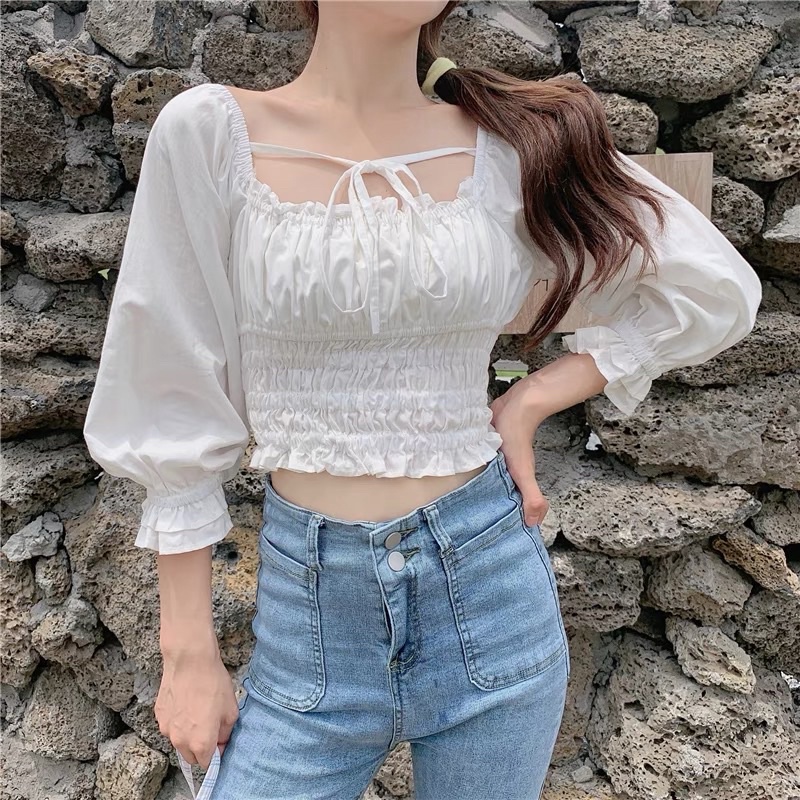Áo sơ mi trắng dáng crotop nhúm nhúm ngực kiểu Hàn Quốc SM09