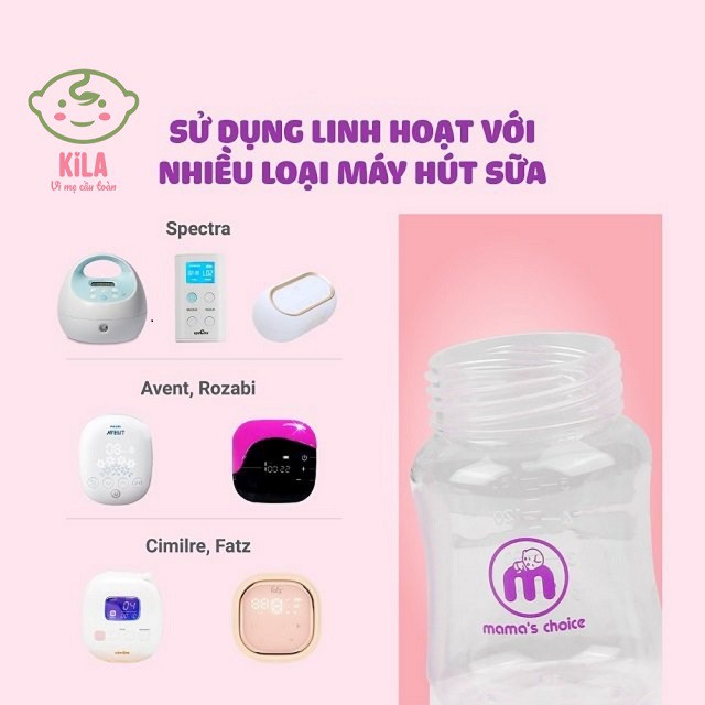 Bình trữ sữa cổ rộng Mama’s Choice, dùng được với máy hút sữa Spectra, Avent, Rozabi