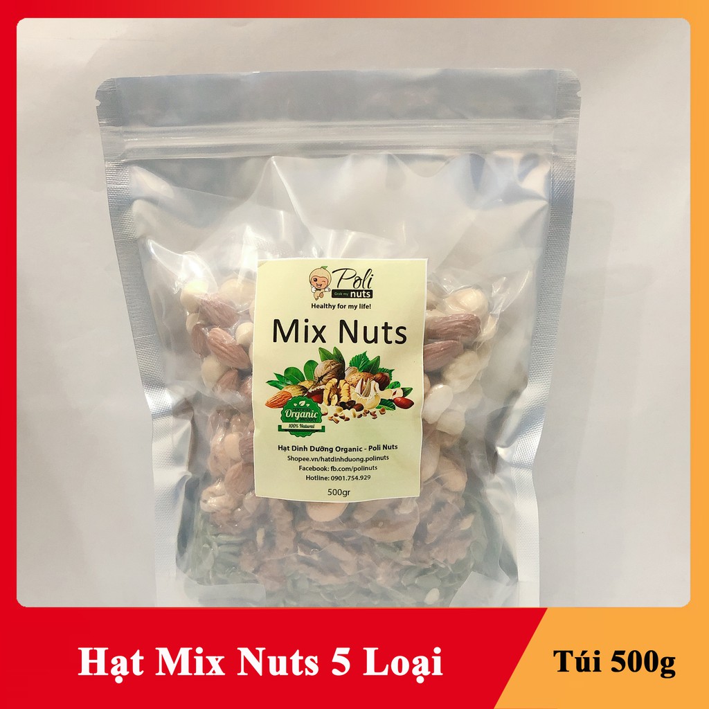 Hạt Mix Polinuts 5 Loại Hạt Dinh Dưỡng (Hạnh Nhân, Macca, Điều, Óc Chó, Nhân Bí) Túi 500g