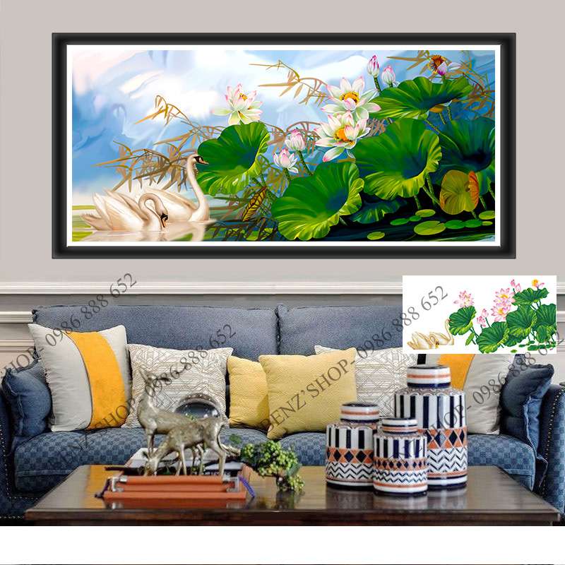 TRANH ĐÁ CAO CẤP ( GIÁ SỈ) HOA SEN HẠNH PHÚC BÌNH AN CHƯA ĐÍNH VS413 (80*47CM)