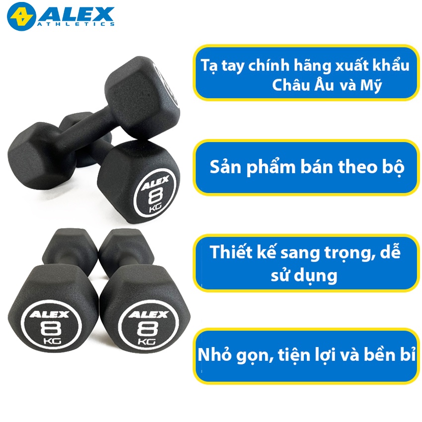 Bộ Tạ Tay Lục Giác Tại Nhà 8Kg ALEX Cao Cấp, Lõi Gang Đặc Bọc Cao Su, Tập Gym Yoga, Chống Trơn Trượt