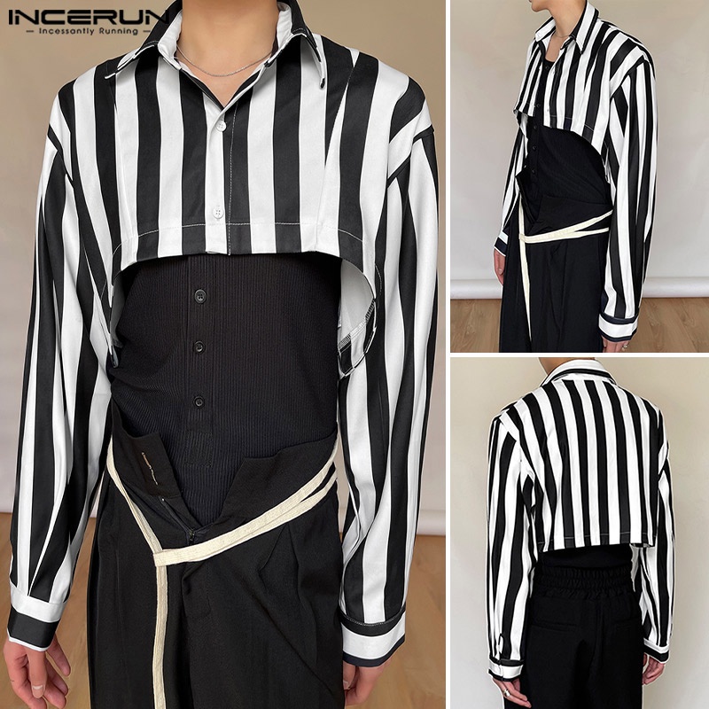 Áo lửng INCERUN tay dài họa tiết kẻ sọc thời trang dự tiệc dành cho nam