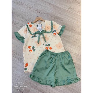 Bộ đồ pijama -bộ lụa thiết kế quần sooc-áo cộc tay bánh bèo tiểu thư-ảnh video thật shop chụp