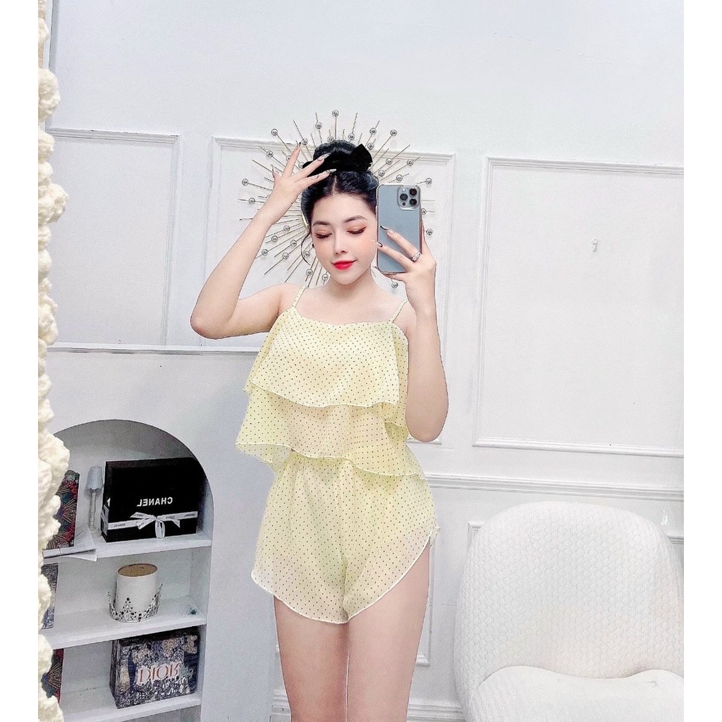 Đồ ngủ nữ sexy  đồ bộ mặc nhà quần đùi chất voan chiffon mềm mát.