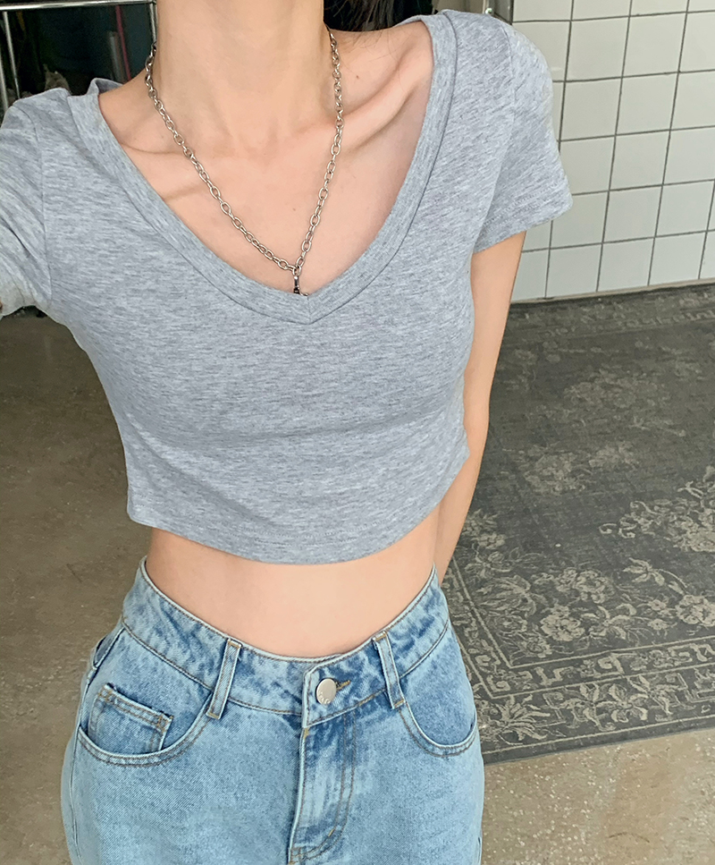 Áo croptop tay ngắn cổ chữ V chất liệu co giãn thoải mái cho nữ
