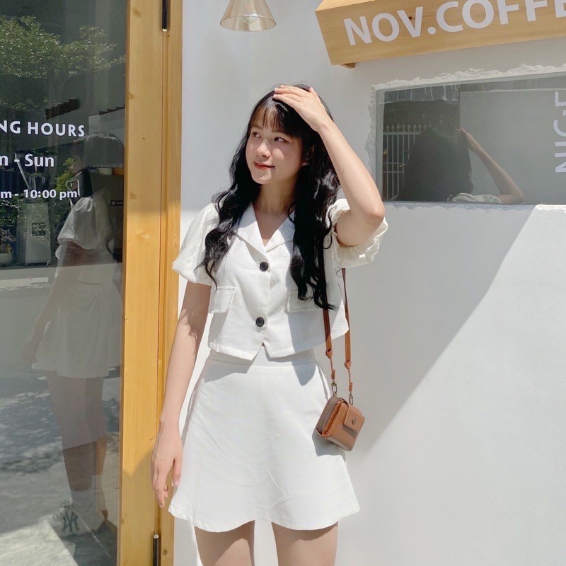 SET ĐŨI CROPTOP TAY BỒNG & CHÂN VÁY CHỮ A (ảnh thật/video) | BigBuy360 - bigbuy360.vn