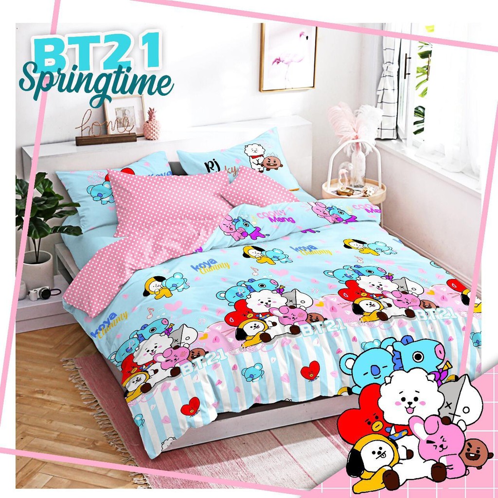 Ga Trải Giường Vải Lanh In Hình Bt21 Bts Màu Xanh Dương / Đen / Hồng